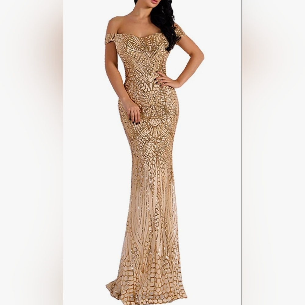1 day sale Off shoulder sequin champagne dress